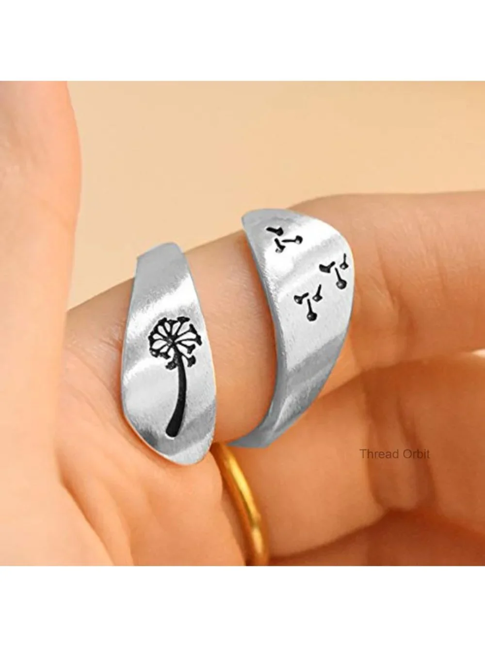 Vintage Silver Plated Adjustable Open Ring Wrap Ring Dandelion Design Stackable